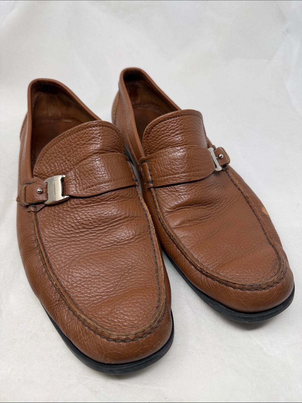 Salvatore Ferragamo Pebble Buckle Brown Leather Loafers Size 12